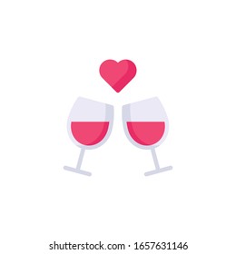 Zwei Gläser Wein und ein Herz in einem flachen Stil.