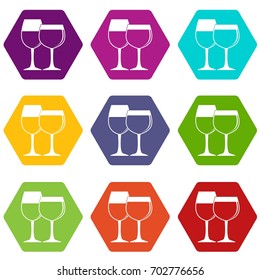 Two glasses of wine icon set many color hexahedron isolated on white vector illustration