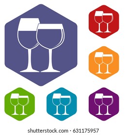 Two glasses of wine icons set hexagon isolated vector illustration