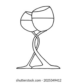 Two glasses of wine are intertwined, symbolizing the relationship between man and woman. Doodle. Sketch. Hand Drawn.