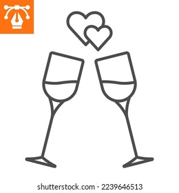 Icono de línea de vino de dos gafas, icono de estilo de contorno para sitio web o aplicación móvil, día de San Valentín y celebración, icono vectorial de vítores, ilustración vectorial simple, gráficos vectoriales con trazos editables.