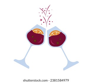 Two glasses of wine, mulled wine with splashes. Transparent cartoon glasses, red wine with orange slices, stars and splashes from the collision of glasses. For cards for Christmas, New Year, St