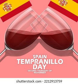 Two glasses of wine named Tempranillo originating from Spain with the Spanish flags and bold text on light red background to celebrate Tempranillo Day on November 10 in Spain