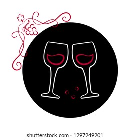 Two glasses of wine on black background. Wine logo design. Vector illustration.