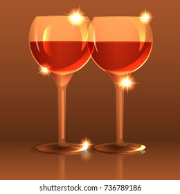 two glasses with wine on a dark background, vector illustration