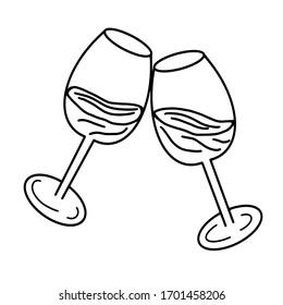 Dos copas de vino con fondo blanco. Ilustración vectorial en blanco y negro con una bebida alcohólica. Objetos aislados para tu diseño festivo.