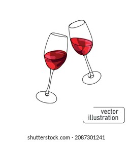 Two glasses of wine on a white background.Vector illustration with glasses of red wine in sktch style hand drawing.Great design for any purpose.Vector illustration