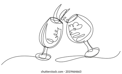 Two glasses with wine one line on a white background. Vector illustration of a good toast. Drinking alcohol for a holiday or date.