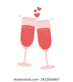 Dos vasos de vino con el fondo blanco en el corazón rosado. Elemento decorativo del día de San Valentín. Ilustración del vector