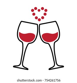 Two glasses of wine and a red heart of dots. Vector illustration