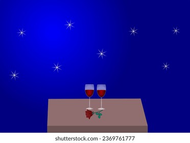 Two glasses of wine and a rose against the night sky