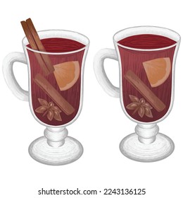 Two glasses of wine with seasoning. Cinnamon, anise and slice of orange.