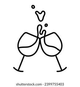 Zwei Gläser Wein. Skizze von zwei Gläser mit Weinfleck in der Form eines Herzens. Hochzeitssymbol. Weinbrille Toasting Logo. Vektorgrafik im Doodle-Stil