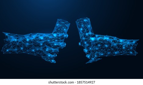 Two with glasses of wine in their hands. Low-poly construction of concatenated lines and dots. Blue background.