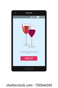 Two glasses of wine in wineglasses, shown on phone screen in mobile application vector illustration of online web page with button about on smartphone