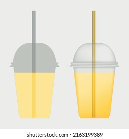 two glasses with yellow juice. two types of glasses with lids and straws.