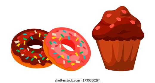 Two glazed donut with topping and chocolate cupcake muffin. Sweet dessert set isolated on white background. Fast food confectionary menu for cafeteria, sweet-shop, coffee or teahouse, bakery store