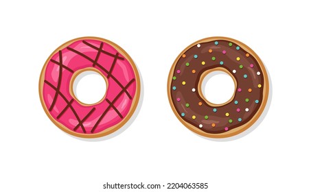 Two glazed donuts with glossy icing. Set sweet birthday pastry. Top view of doughnuts. Cartoon confectionery dessert isolated on white background. Flat design. Vector illustration.