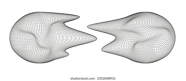 Dos bolas o formas destruidas por fallos. Esferas redondeadas abstractas con un efecto líquido y defectuoso. Se ajusta para negocios y banners. Ilustración vectorial.