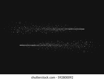 Two glitter comets  flying in opposite directions. Isolated on black background. Vector illustration, eps 10.