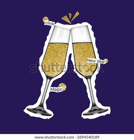 Two glittering champagne glasses toasting on dark blue background. halftone collage. Sparkling festive vibes for print or digital New Year promotions.