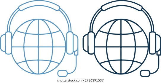 Dos iconos de comunicación global con auriculares en azul claro y azul oscuro sobre un fondo blanco puro, que representan los negocios internacionales y la conexión