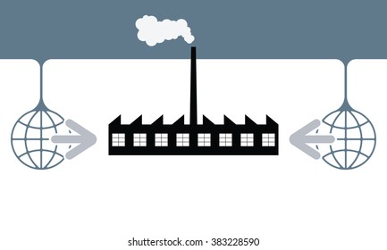 Two global symbols with arrows and factory icon