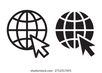 Dos iconos de globo con un símbolo de cursor, uno en estilo de contorno y el otro en negro sólido, sobre un fondo blanco.