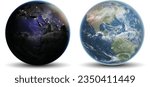Two globes, night and day, on a white background. Highly realistic illustration