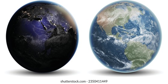 Two globes, night and day, on a white background. Highly realistic illustration