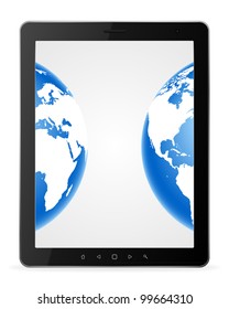 Two globes on the white screen of tablet pc. EPS8 vector illustration