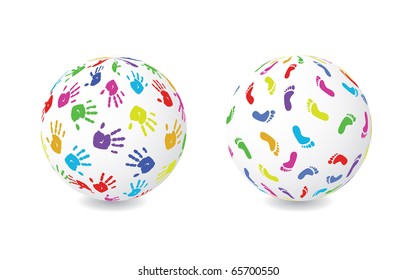 Two globes, one with colored footprints and another with handprints. Editable vector file.
