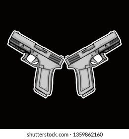 Two Glock 19 vector with black background. Grey gun vector