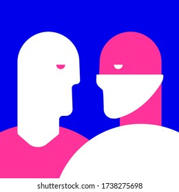 Two gloomy men are standing face to face in profile and look at each other. One man is in a medical mask. They have a confrontation. Conflict. Minimalistic flat illustration. Face with a medical mask.