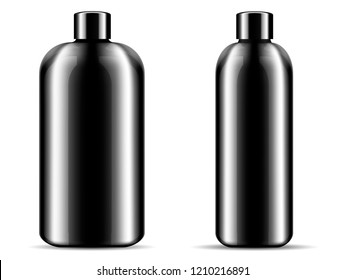 Two glossy black glass or plastic bottles set for shampoo, shower gel, soap bubble bath. Black cosmetic products packaging mockup illustration. 3d design template.