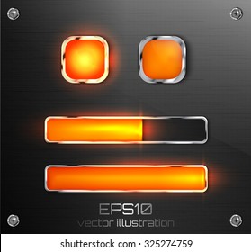 Two glossy button switch on and switch off with two modern preloaders or progress loading bars on metallic background. Vector illustration.