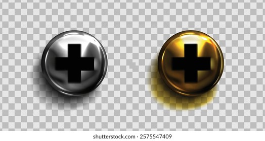 Two glossy buttons featuring a black cross symbol. The left button is silver with a subtle shine, while the right button is gold with a warm glow. Both have a 3D appearance and a transparent backgroun