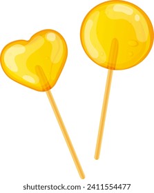 Two glossy candy lollipops in heart and circle shape on sticks. Sweet treats, romantic gift, sugary snack vector illustration.