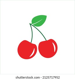 Two glossy red cherry fruit with green leaf vector