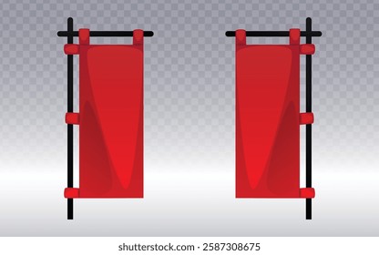 Two glossy red vertical banners mounted on black poles with red brackets, featuring a traditional or Asian-inspired aesthetic. Perfect for signage, decorative designs, or cultural themes.