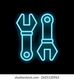 Two glowing blue neon wrenches are isolated on a black background