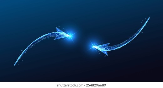 Two glowing curved arrows converge on dark blue background, symbolizing connection, progress, digital innovation, and strategic alignment concept. Glowing low polygonal abstract vector illustration.