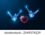 Two glowing doves hover around digital heart on dark blue background, symbolizing love, peace, unity, compassion, hope, and spiritual connection. Low polygonal abstract vector illustration