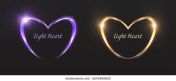 Two glowing hearts with a bright outline with a shining neon glow effect on a dark background. Purple and gold glow of hearts.