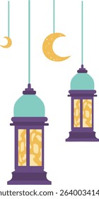 Two glowing lanterns with hanging crescent moons in soft tones, perfect for Ramadan or Eid-themed invitations, greeting cards, or posters.

