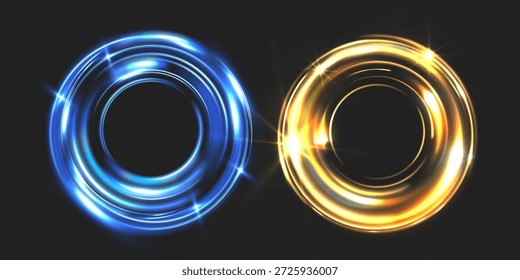 Dois anéis luminosos brilhantes em azul e ouro flutuam em um fundo escuro, criando um efeito de energia abstrata limpa com movimento circular suave e realces luminosos brilhantes.