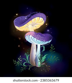 Two glowing, magical, mature mushrooms with purple caps with yellow legs on black glowing background. Fabulous mushroom. hand drawn vector art