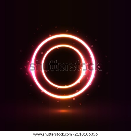 Two glowing neon circles with glittering particles on a dark background. Double neon light round frames with glittering flowers vector.