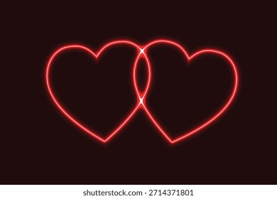 Dos corazones de neón rojo brillante sobre un fondo negro, un símbolo de amor.