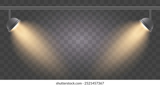 Dos focos o lámparas brillantes. Efecto con rayos dorados. Iluminación de escenario de estudio. Sobre un fondo transparente.